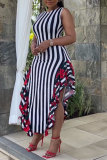 Black Striped Print Sleeveless Ruffle Irregular Hem Daily Vacation Maxi Dress