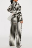 Black And White Casual Striped Print Shirt Collar Long Sleeve Two Pieces
