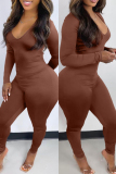 Brown Casual Solid Backless V Neck Skinny Jumpsuits