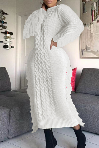 White Casual Solid Tassel Patchwork O Neck Straight Dresses