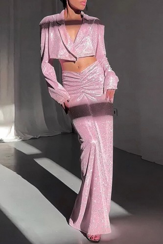 Pink Casual Solid Patchwork Turndown Collar Long Sleeve Two Pieces