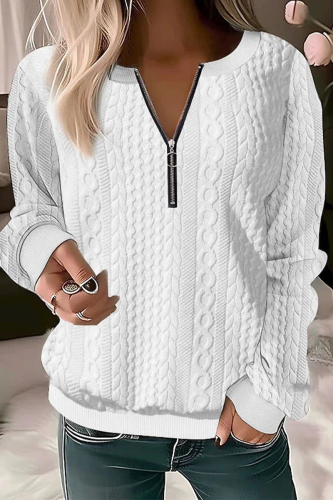 White Casual Solid Zipper O Neck Tops