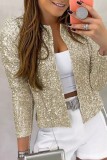 Gold Casual Patchwork Sequins Cardigan O Neck Outerwear