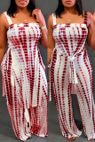 Red Casual Print Backless Slit Square Collar Sleeveless Two Pieces