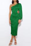 Green Elegant Formal Solid Hollowed Out Oblique Collar Evening Dress Dresses