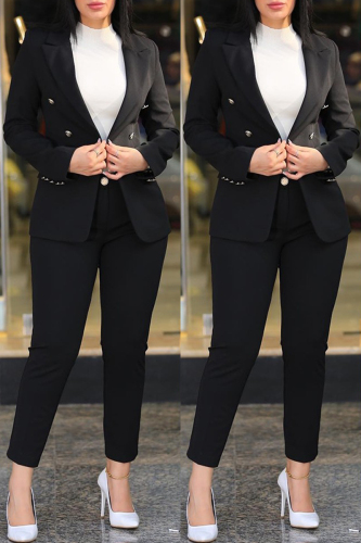 Black Casual Solid Cardigan Pants Turn-back Collar Long Sleeve Two Pieces