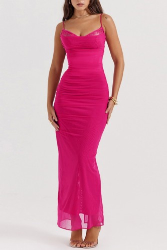 Rose Red Sexy Solid Backless Spaghetti Strap Long Dress Dresses