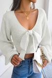 White Sexy Solid With Bow V Neck Tops