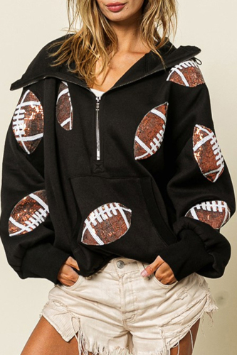 Black Casual Solid Pocket Patch Hooded Collar Tops