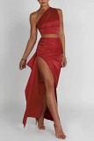 Red Sexy Solid Backless Slit Oblique Collar Sleeveless Two Pieces