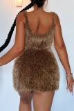 Deep Coffee Sexy Casual Solid Backless Spaghetti Strap Sleeveless Dress Dresses