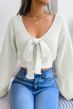 White Sexy Solid With Bow V Neck Tops