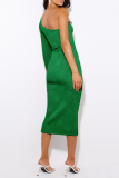 Green Elegant Formal Solid Hollowed Out Oblique Collar Evening Dress Dresses