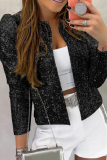 Black Casual Patchwork Sequins Cardigan O Neck Outerwear