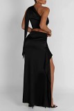 Black Sexy Solid Backless Slit Oblique Collar Sleeveless Two Pieces