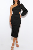 Black Elegant Formal Solid Hollowed Out Oblique Collar Evening Dress Dresses