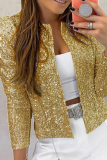 Champagne Casual Patchwork Sequins Cardigan O Neck Outerwear