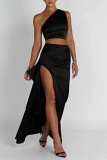 Black Sexy Solid Backless Slit Oblique Collar Sleeveless Two Pieces