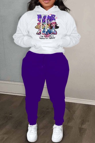White Purple Casual Character Print Letter Hooded Collar Plus Size Two Pieces