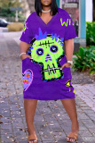 Purple Casual Print Basic V Neck Short Sleeve Dress
