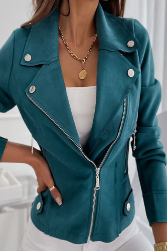Blue Casual Street Solid Zipper Turndown Collar Outerwear