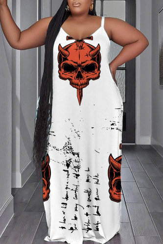 White Sexy Casual Print Backless Spaghetti Strap Long Dress Plus Size Dresses