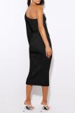 Black Elegant Formal Solid Hollowed Out Oblique Collar Evening Dress Dresses