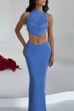 Blue Sexy Casual Solid Bandage Backless O Neck Sleeveless Two Pieces