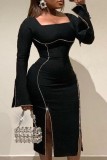Black Casual Patchwork Slit Square Collar Long Sleeve Dresses