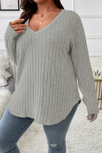 Apricot Plus Size Casual Solid Pullovers Asymmetrical Solid Color V Neck Plus Size Tops