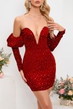 Black Sexy Party Patchwork The stars Backless V Neck Long Sleeve Dresses