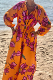 Orange Elegant Vacation Floral Pocket Contrast V Neck A Line Dresses