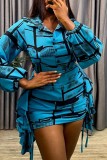 Blue Black Casual Print Patchwork Turndown Collar Long Sleeve Two Pieces