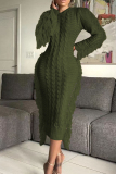 Army Green Casual Solid Tassel Patchwork O Neck Straight Dresses