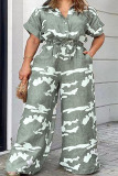 Apricot Casual Print Bandage Patchwork Buckle Turndown Collar Plus Size Jumpsuits