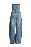Light Blue Sexy Casual Solid Patchwork Backless Strapless Sleeveless Skinny Denim Jumpsuits