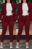 Coffee Casual Solid Cardigan Pants Turn-back Collar Long Sleeve Two Pieces