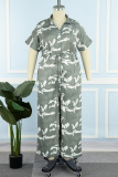 Army Green Casual Print Bandage Patchwork Buckle Turndown Collar Plus Size Jumpsuits