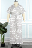 Apricot Casual Print Bandage Patchwork Buckle Turndown Collar Plus Size Jumpsuits