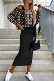 Black And White Casual Print Patchwork O Neck Long Sleeve Two Pieces