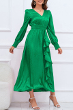 Green Elegant Leopard Backless Flounce V Neck A Line Dresses