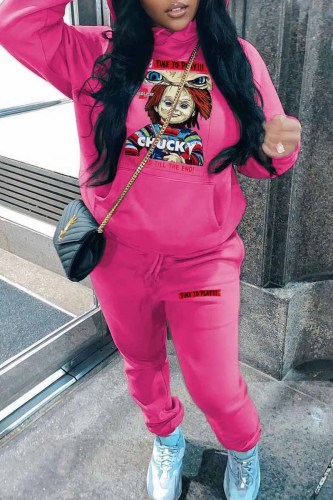 Rose Red Casual Print Letter Hooded Collar Long Sleeve Two Pieces
