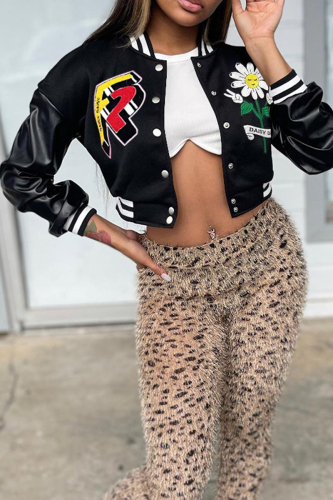 Black Street Print Patchwork Buckle O Neck Outerwear
