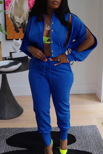 Blue Sweet Street Solid Hollowed Out Patchwork Draw String Buckle Mandarin Collar Long Sleeve Two Pieces