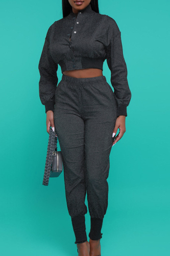 Black Street Solid Hollowed Out Patchwork Pocket Buckle Mandarin Collar Long Sleeve Two Pieces