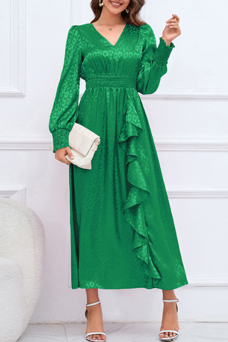 Green Elegant Leopard Backless Flounce V Neck A Line Dresses
