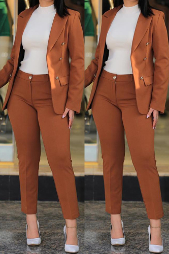Coffee Casual Solid Cardigan Pants Turn-back Collar Long Sleeve Two Pieces