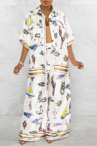 White Casual Print Patchwork Draw String Buttons Turndown Collar Half Sleeve Two Pieces
