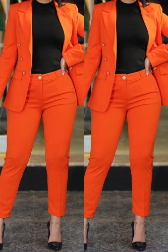 Tangerine Red Casual Solid Cardigan Pants Turn-back Collar Long Sleeve Two Pieces
