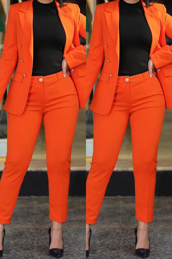 Tangerine Red Casual Solid Cardigan Pants Turn-back Collar Long Sleeve Two Pieces